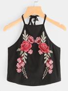 Romwe Halter Neck Rose Embroidered Patch Ribbed Cami Top