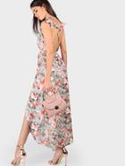 Romwe Plunge Rose Print Asymmetric Crisscross Back Dress