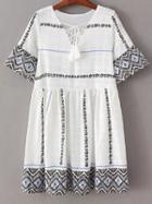 Romwe White Bell Sleeve Lace Up Front Tassel Embroidery Dress
