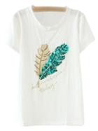 Romwe Green Short Sleeve Leaves Sequined T-shirt