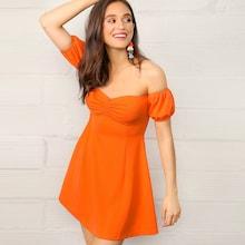 Romwe Puff Sleeve Ruched Sweetheart Off Shoulder Dress