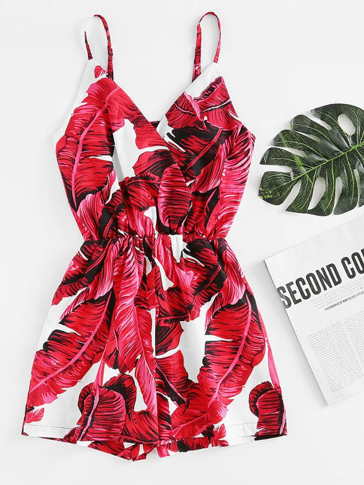 Romwe Leaves Print Random Surplice Cami Romper