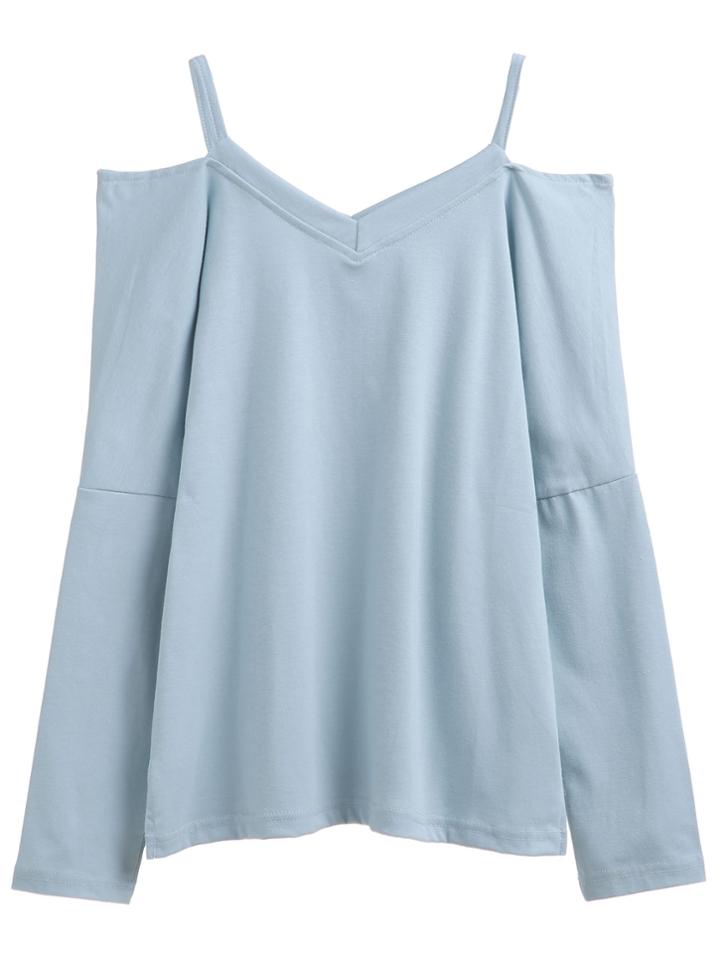 Romwe Blue Cold Shoulder Long Sleeve T-shirt
