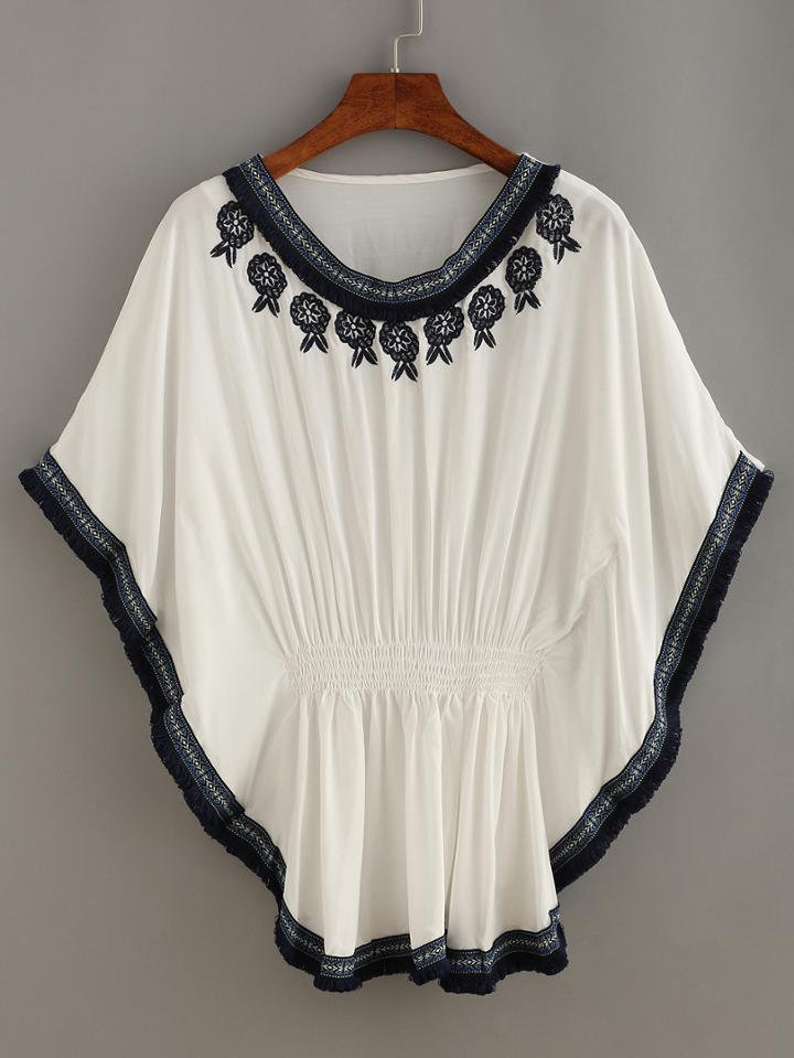 Romwe Embroidery Woven Tape Trimmed Poncho Blouse