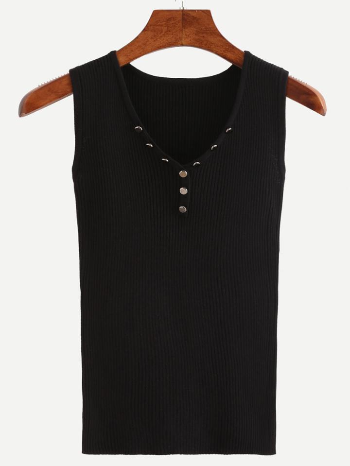 Romwe Buttoned Front Ribbed Knit Sleeveless Top