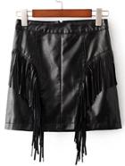 Romwe Black Fringe Detail Pu Skirt