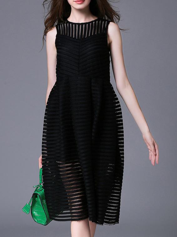 Romwe Black Crew Neck Hollow A-line Dress