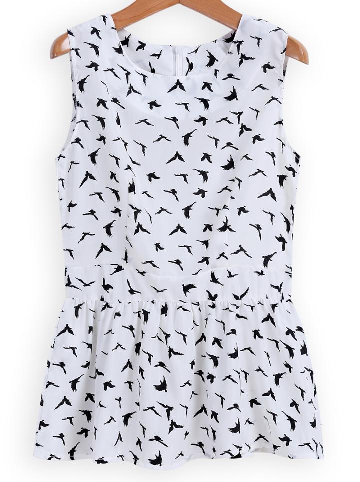 Romwe Bird Print Peplum Hem Tank Top