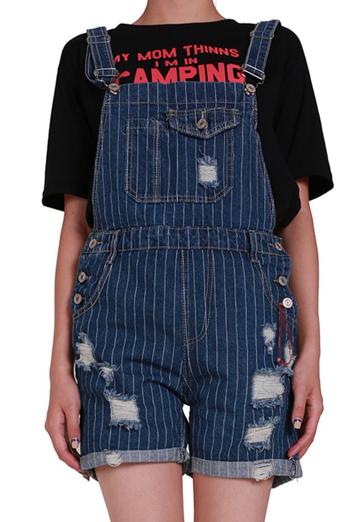 Romwe Strap Ripped Vertical Striped Denim Romper