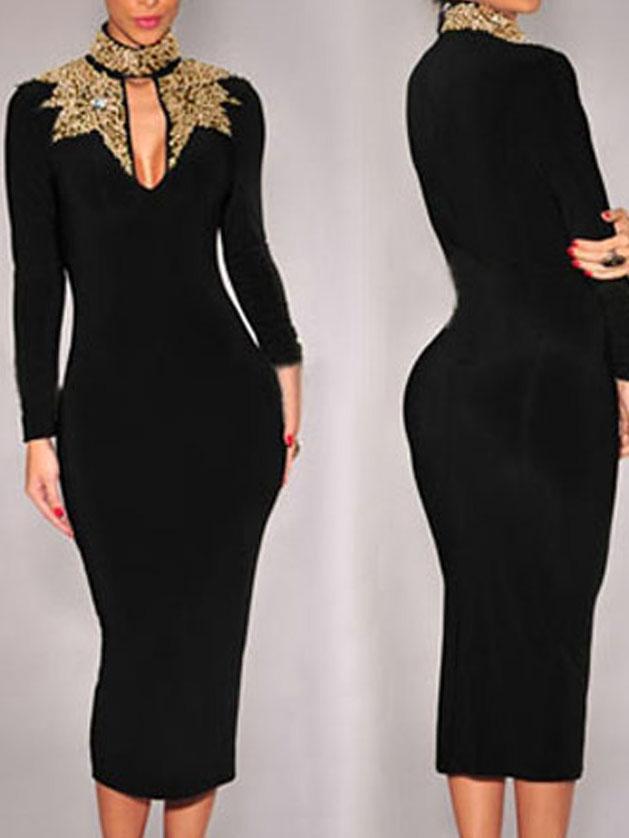 Romwe High Neck Sequined Keyhole Pencil Dress