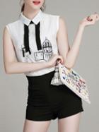 Romwe White Black Lapel Embroidered Top With Shorts