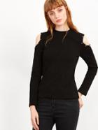 Romwe Black Crew Neck Open Shoulder Studded T-shirt