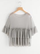 Romwe Pleated Ruffle Trim Semi Sheer Loose Knit Top