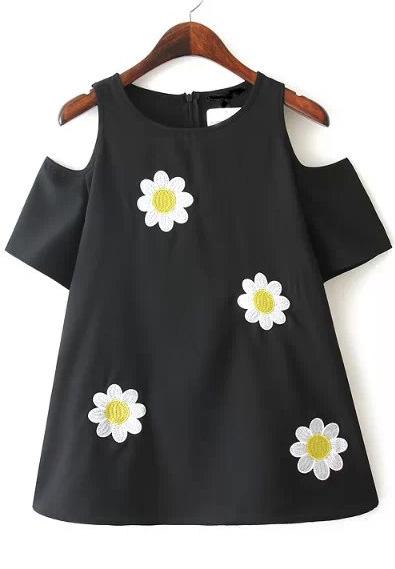Romwe Black Floral Print Shirt With Cutout Shoulder