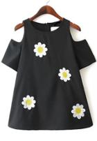 Romwe Black Floral Print Shirt With Cutout Shoulder