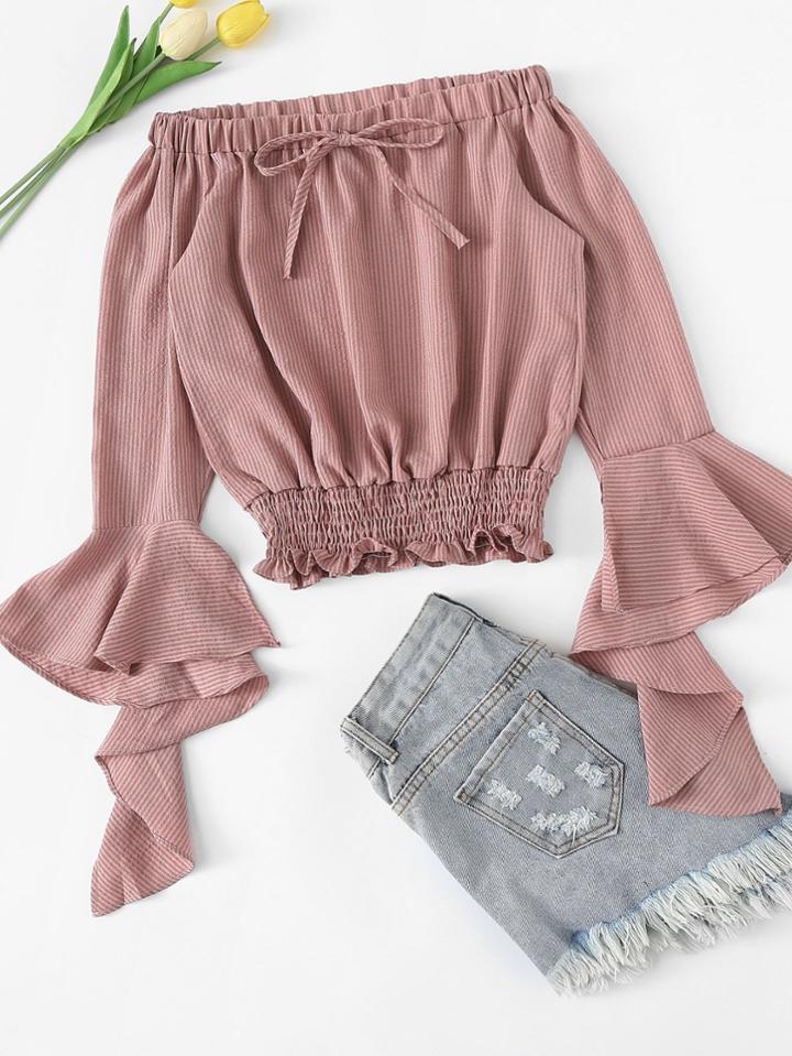 Romwe Off Shoulder Flounce Sleeve Shirred Hem Top