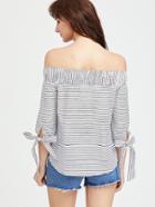 Romwe Striped Smocked Off The Shoulder Self Tie Sleeve Top
