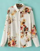 Romwe White Long Sleeve Blouse With Red Floral