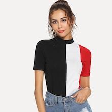 Romwe Mock Neck Cut And Sew Tee