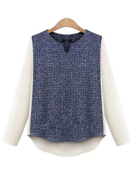 Romwe Contrast V Notch Neck Dip Hem Blouse