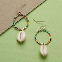 Romwe Bead Detail Hoop And Puka Shell Hook Back Earrings