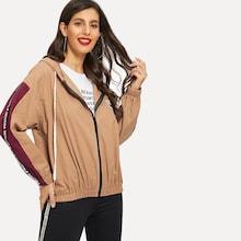 Romwe Contrast Letter Ribbon Zip-up Hooded Jacket
