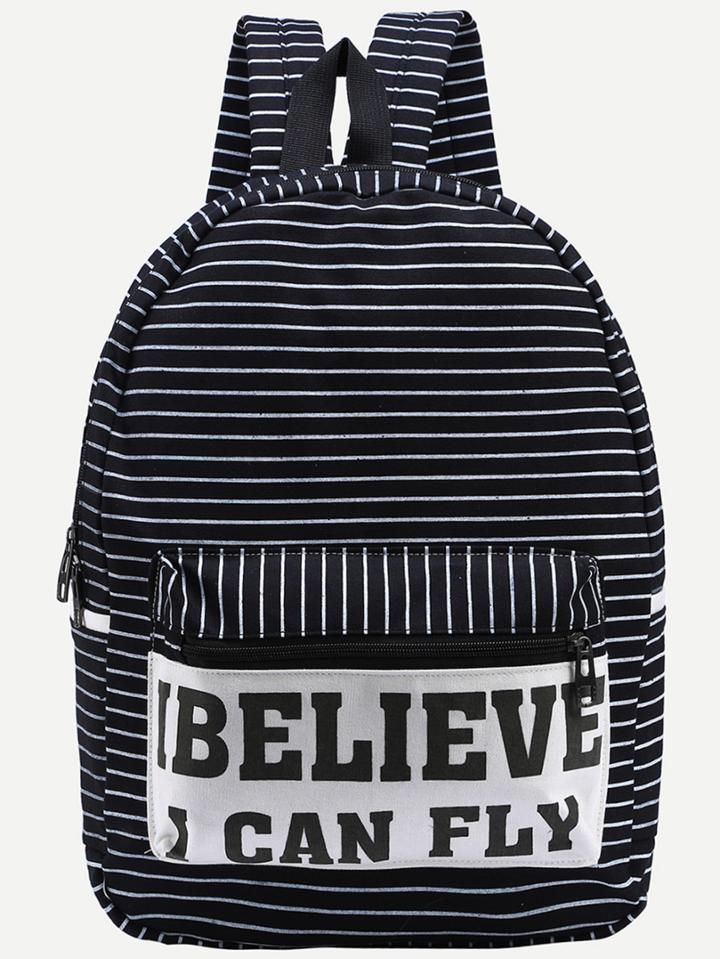 Romwe Letter Print Striped Canvas Backpack - Black