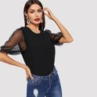 Romwe Mesh Bishop Sleeve Buttoned Back Blouse