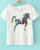 Romwe Horse Print Loose White T-shirt
