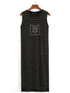 Romwe Ribbed Neck Letter Print Striped Tank Dress - Black