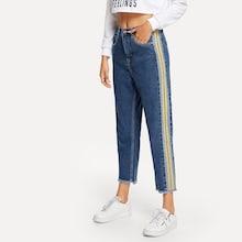Romwe Tape Detail Raw Hem Jeans
