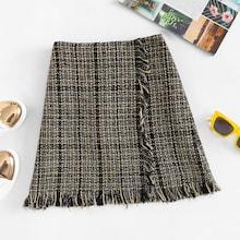 Romwe Fringe Trim Tweed Skirt