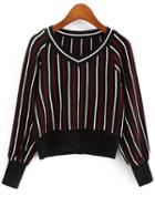Romwe V Neck Vertical Striped Black Sweater