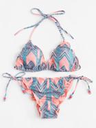Romwe Lettuce Trim Self Tie Bikini Set