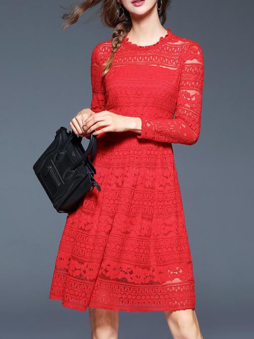 Romwe Red Sheer Embroidered A-line Lace Dress