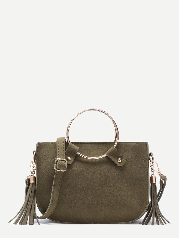 Romwe Green Metal Ring Tassel Trim Suede Shoulder Bag