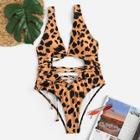 Romwe Leopard Cut-out Low Back One Piece Swimsuit