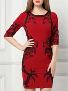 Romwe Red Round Neck Half Sleeve Embroidered Dress
