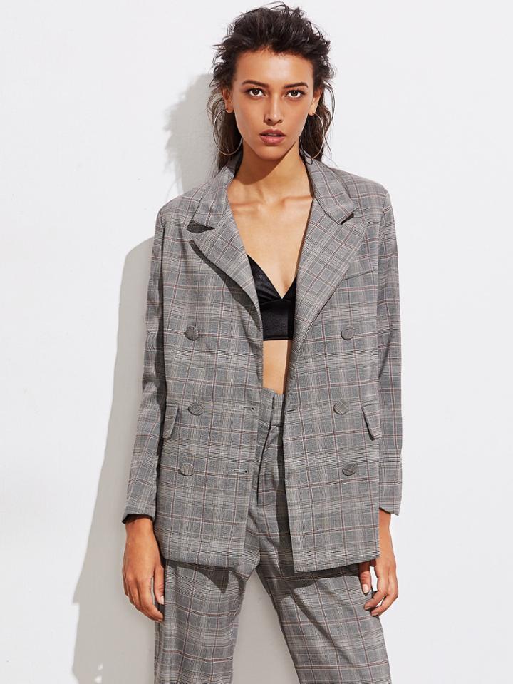 Romwe Double Breasted Boyfriend Plaid Blazer