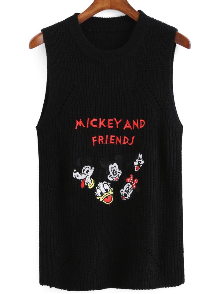 Romwe Mickey Embroidered Knit Hollow Black Tank Top