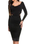 Romwe Deep V Beck Open Back Zipper Bodycon Black Dress