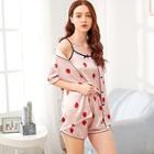 Romwe 4pcs Strawberry Print Satin Cami Pj Set With Shirt