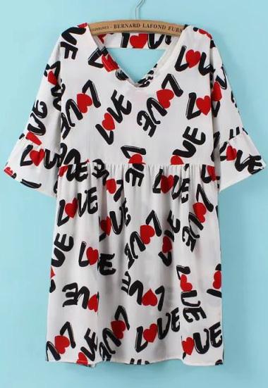 Romwe V Neck Heart Print White Dress