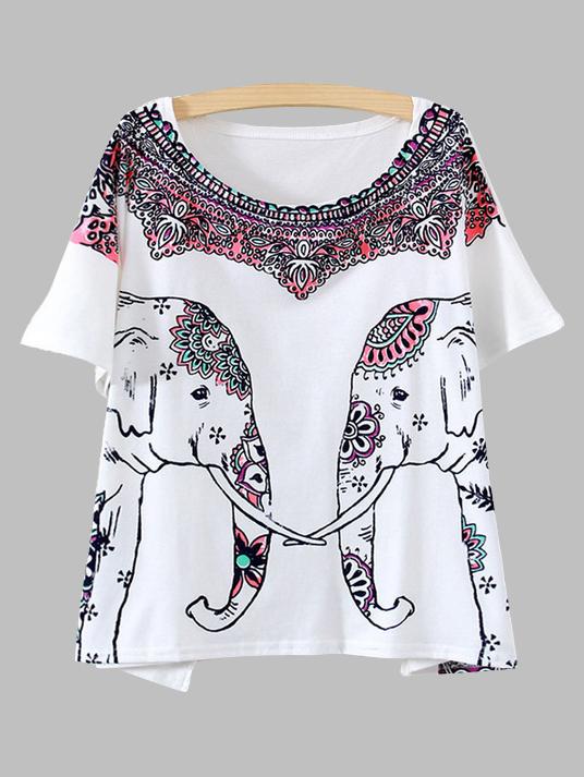 Romwe White Elephant Print Dolman Sleeve T-shirt