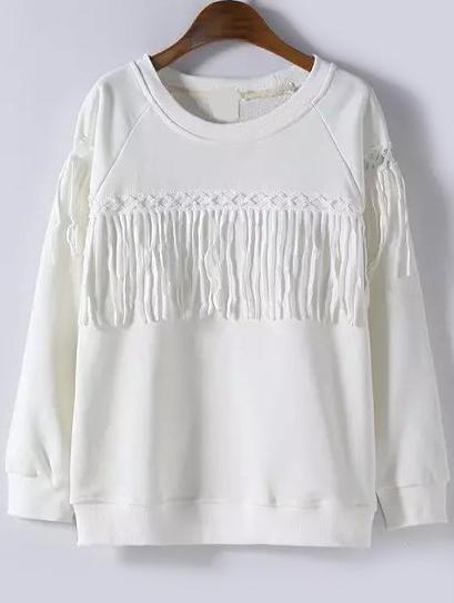 Romwe Fringe Hollow Out White Sweatshirt