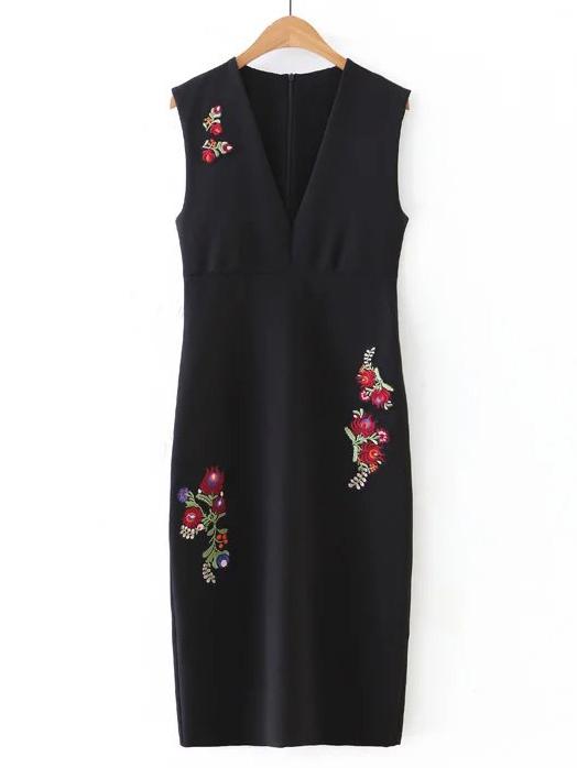 Romwe Black Deep V Neck Embroidered Flower Applique Sleeveless Dress