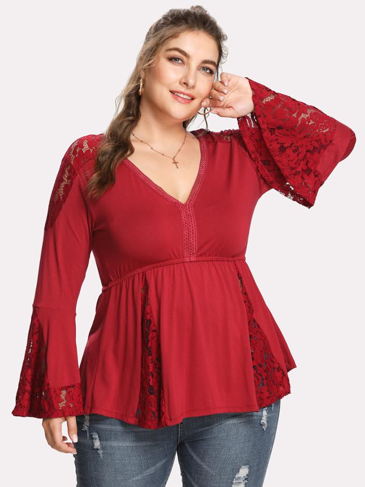 Romwe Guipure Lace Panel Pep Hem T-shirt