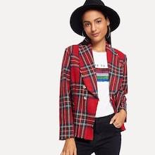 Romwe Plaid Double Breasted Blazer