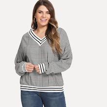 Romwe Plus Houndstooth V-neck Sweatshirt