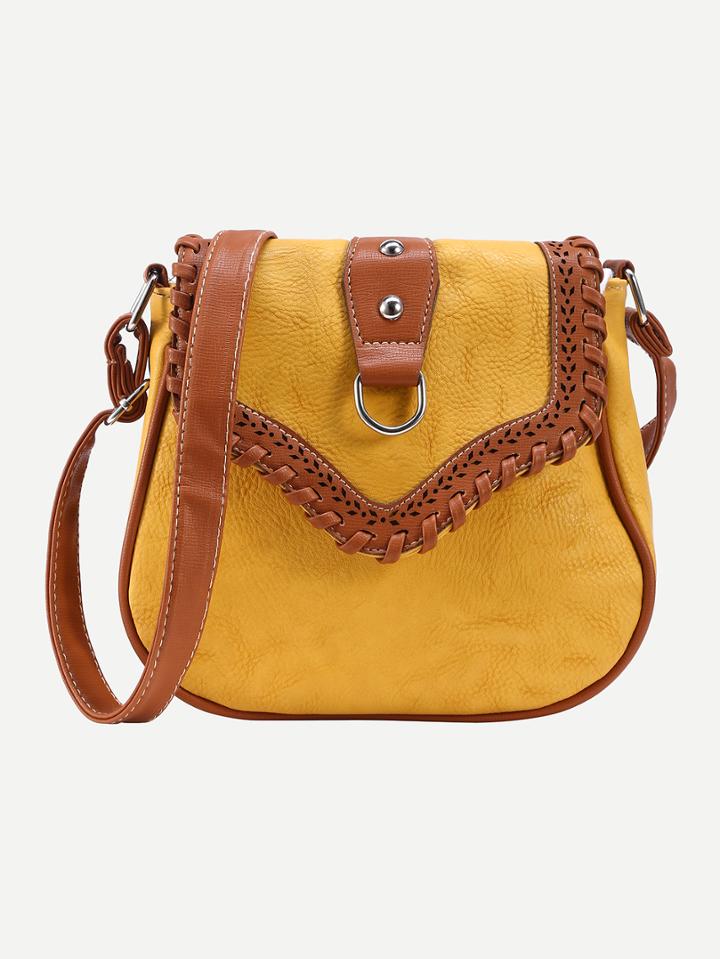Romwe Yellow Contrast Whipstitch Trim Saddle Bag